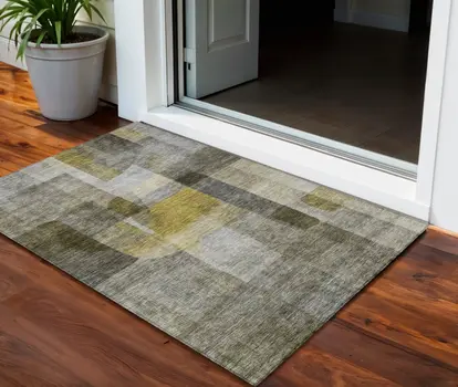 3' X 5' Taupe Gray And Green Abstract Washable Indoor Outdoor Area Rug