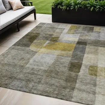 5' X 8' Taupe Gray And Green Abstract Washable Indoor Outdoor Area Rug