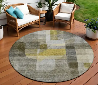 8' Taupe Gray And Green Round Abstract Washable Indoor Outdoor Area Rug