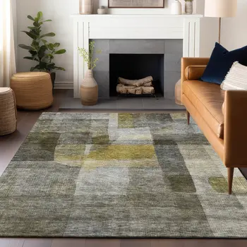 8' X 10' Taupe Gray And Green Abstract Washable Indoor Outdoor Area Rug