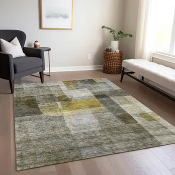 9' X 12' Taupe Gray And Green Abstract Washable Indoor Outdoor Area Rug