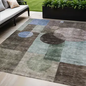5' X 8' Brown Blue And Green Geometric Washable Indoor Outdoor Area Rug
