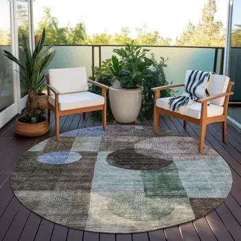 8' Brown Blue And Green Round Geometric Washable Indoor Outdoor Area Rug