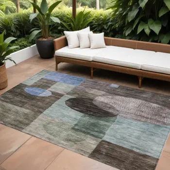 10' X 14' Brown Blue And Green Geometric Washable Indoor Outdoor Area Rug