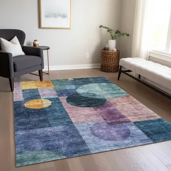 3' X 5' Blue Green And Copper Geometric Washable Indoor Outdoor Area Rug