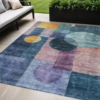 5' X 8' Blue Green And Copper Geometric Washable Indoor Outdoor Area Rug