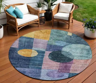 8' Blue Green And Copper Round Geometric Washable Indoor Outdoor Area Rug