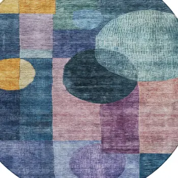 8' Blue Green And Copper Round Geometric Washable Indoor Outdoor Area Rug