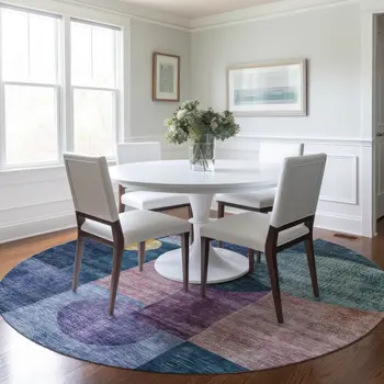 8' Blue Green And Copper Round Geometric Washable Indoor Outdoor Area Rug
