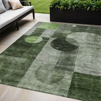 5' X 8' Fern Green And Gray Geometric Washable Indoor Outdoor Area Rug