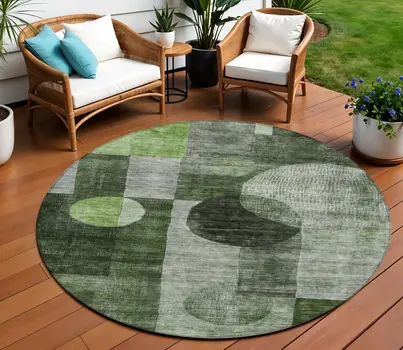 8' Fern Green And Gray Round Geometric Washable Indoor Outdoor Area Rug