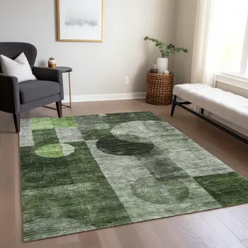 10' X 14' Fern Green And Gray Geometric Washable Indoor Outdoor Area Rug