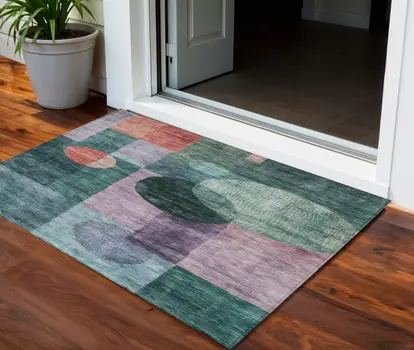 3' X 5' Green Copper And Purple Geometric Washable Indoor Outdoor Area Rug