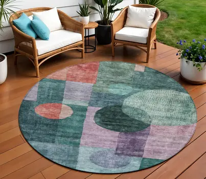 8' Green Copper And Purple Round Geometric Washable Indoor Outdoor Area Rug