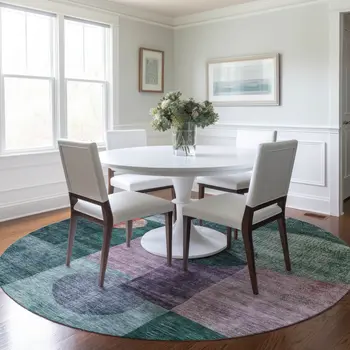 8' Green Copper And Purple Round Geometric Washable Indoor Outdoor Area Rug