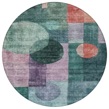 8' Green Copper And Purple Round Geometric Washable Indoor Outdoor Area Rug
