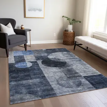 5' X 8' Navy Blue Gray And Charcoal Geometric Washable Indoor Outdoor Area Rug
