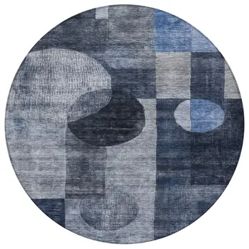 8' Navy Blue Gray And Charcoal Round Geometric Washable Indoor Outdoor Area Rug