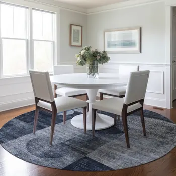 8' Navy Blue Gray And Charcoal Round Geometric Washable Indoor Outdoor Area Rug