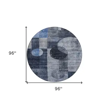 8' Navy Blue Gray And Charcoal Round Geometric Washable Indoor Outdoor Area Rug
