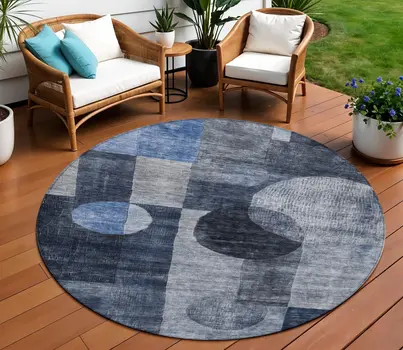 8' Navy Blue Gray And Charcoal Round Geometric Washable Indoor Outdoor Area Rug