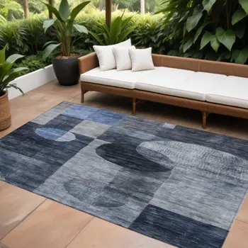 10' X 14' Navy Blue Gray And Charcoal Geometric Washable Indoor Outdoor Area Rug