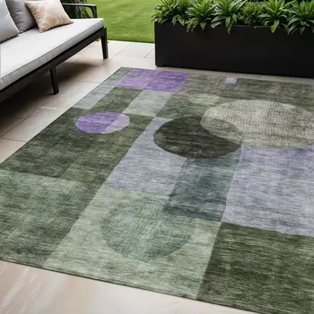 5' X 8' Olive Green Charcoal And Purple Geometric Washable Indoor Outdoor Area Rug