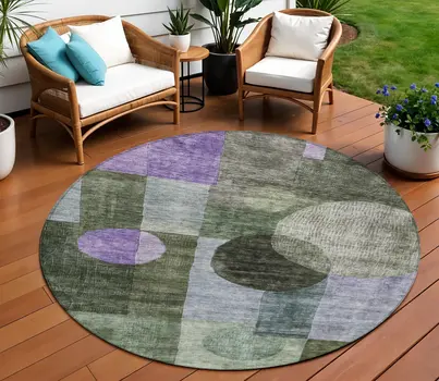 8' Olive Green Charcoal And Purple Round Geometric Washable Indoor Outdoor Area Rug