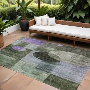 8' X 10' Olive Green Charcoal And Purple Geometric Washable Indoor Outdoor Area Rug