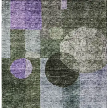 9' X 12' Olive Green Charcoal And Purple Geometric Washable Indoor Outdoor Area Rug