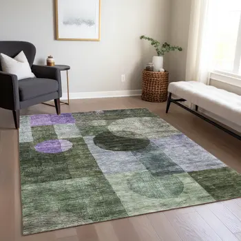 9' X 12' Olive Green Charcoal And Purple Geometric Washable Indoor Outdoor Area Rug