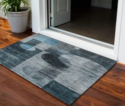 3' X 5' Teal Blue Gray And Charcoal Geometric Washable Indoor Outdoor Area Rug
