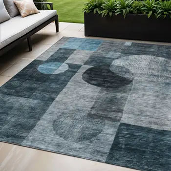 5' X 8' Teal Blue Gray And Charcoal Geometric Washable Indoor Outdoor Area Rug