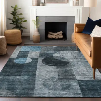 5' X 8' Teal Blue Gray And Charcoal Geometric Washable Indoor Outdoor Area Rug