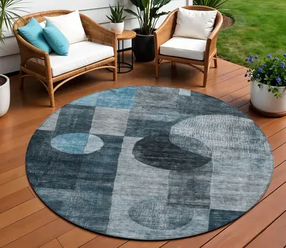 8' Teal Blue Gray And Charcoal Round Geometric Washable Indoor Outdoor Area Rug