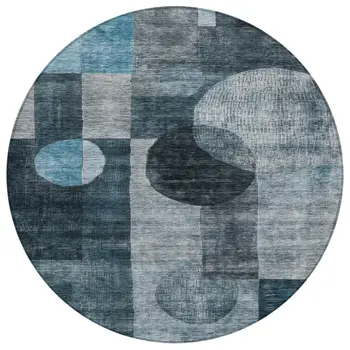 8' Teal Blue Gray And Charcoal Round Geometric Washable Indoor Outdoor Area Rug