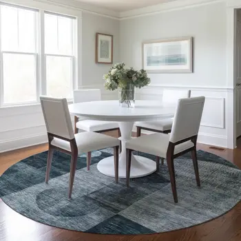 8' Teal Blue Gray And Charcoal Round Geometric Washable Indoor Outdoor Area Rug