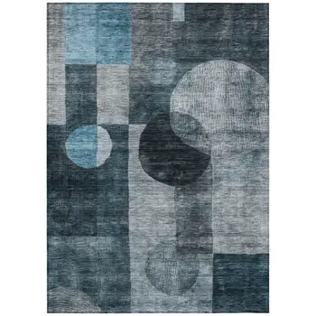 8' X 10' Teal Blue Gray And Charcoal Geometric Washable Indoor Outdoor Area Rug