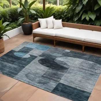 9' X 12' Teal Blue Gray And Charcoal Geometric Washable Indoor Outdoor Area Rug
