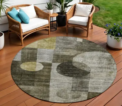 8' Taupe Gray And Charcoal Round Geometric Washable Indoor Outdoor Area Rug