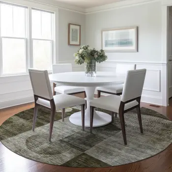 8' Taupe Gray And Charcoal Round Geometric Washable Indoor Outdoor Area Rug