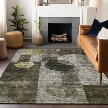 10' X 14' Taupe Gray And Charcoal Geometric Washable Indoor Outdoor Area Rug