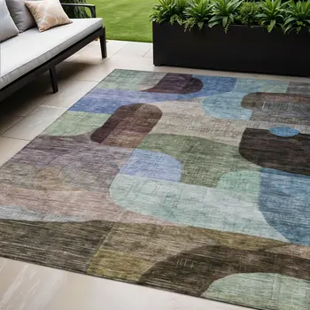 5' X 8' Brown Blue And Green Abstract Washable Indoor Outdoor Area Rug