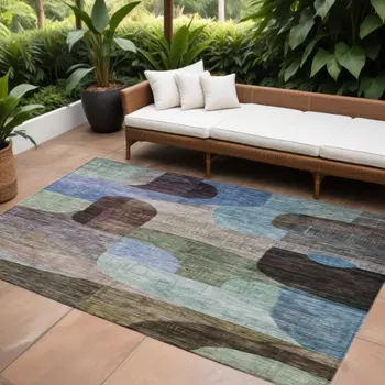 8' X 10' Brown Blue And Green Abstract Washable Indoor Outdoor Area Rug