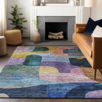 5' X 8' Blue Purple And Green Abstract Washable Indoor Outdoor Area Rug
