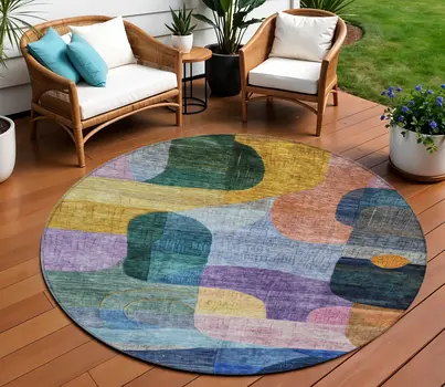 8' Blue Purple And Green Round Abstract Washable Indoor Outdoor Area Rug