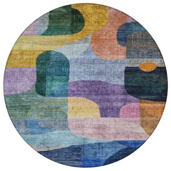 8' Blue Purple And Green Round Abstract Washable Indoor Outdoor Area Rug