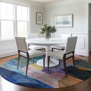 8' Blue Purple And Green Round Abstract Washable Indoor Outdoor Area Rug