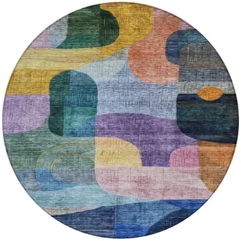 8' Blue Purple And Green Round Abstract Washable Indoor Outdoor Area Rug