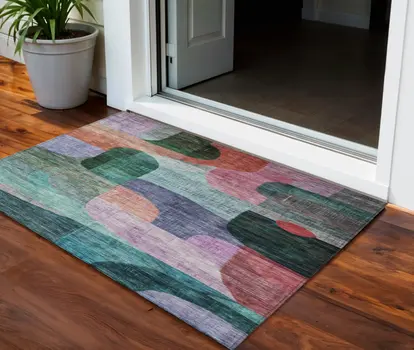 3' X 5' Green Purple And Blue Abstract Washable Indoor Outdoor Area Rug